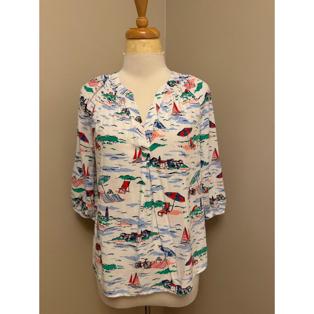 Crown & Ivy Sail Boats 3/4 Sleeve Split Neck Blouse Sz Small